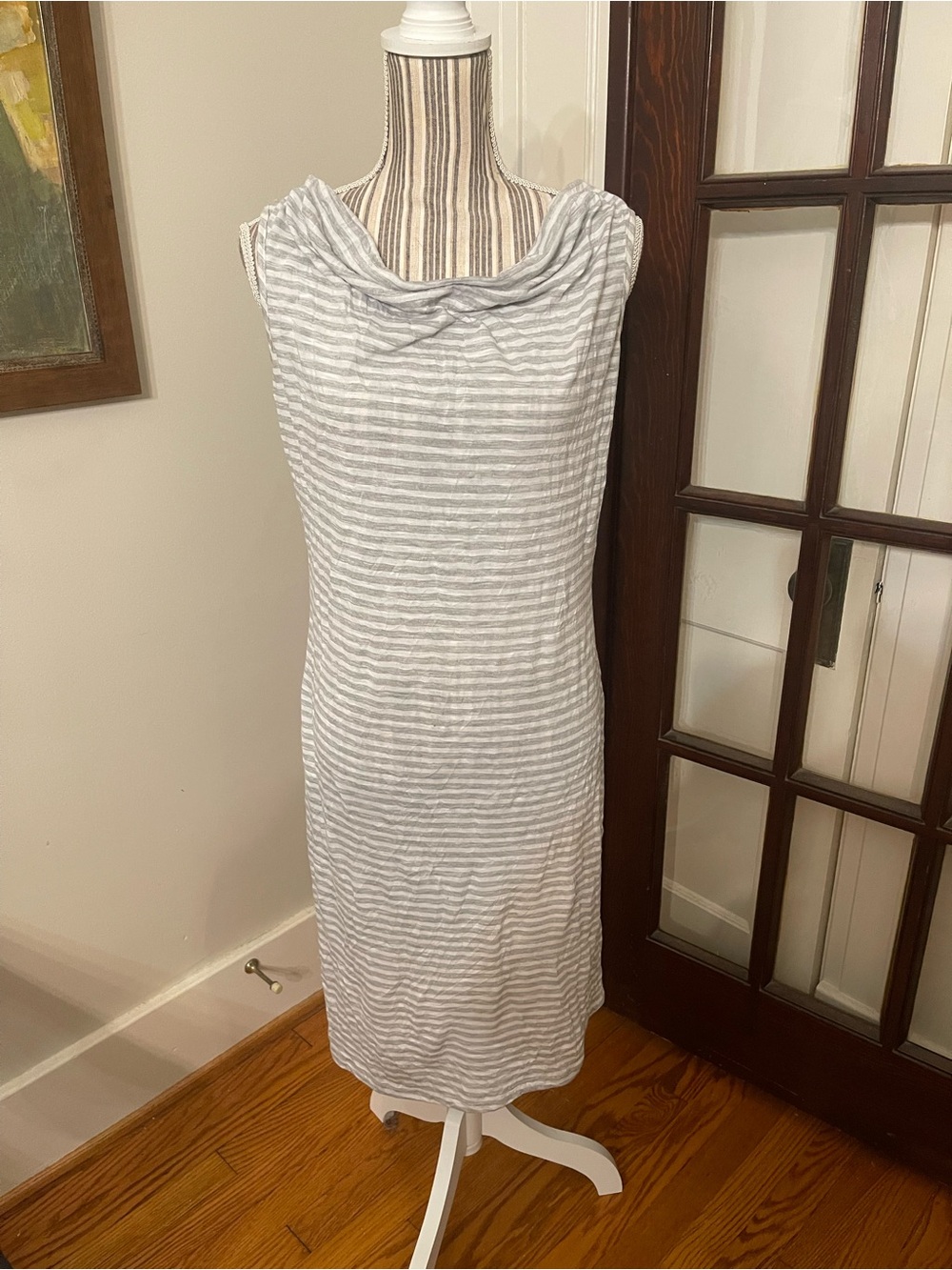 Sleeveless Gray & White Striped Cowl Neck Midi Dress California Company